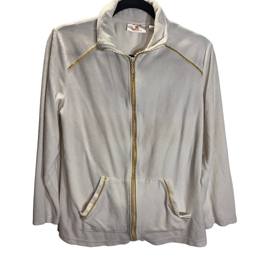 Quacker Factory Velour Zip Jacket White Gold Trim Rhinestone Womens Medium